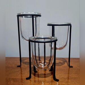 Trio of Black Metal and Clear Glass Hurricane Candle or Plant Holders